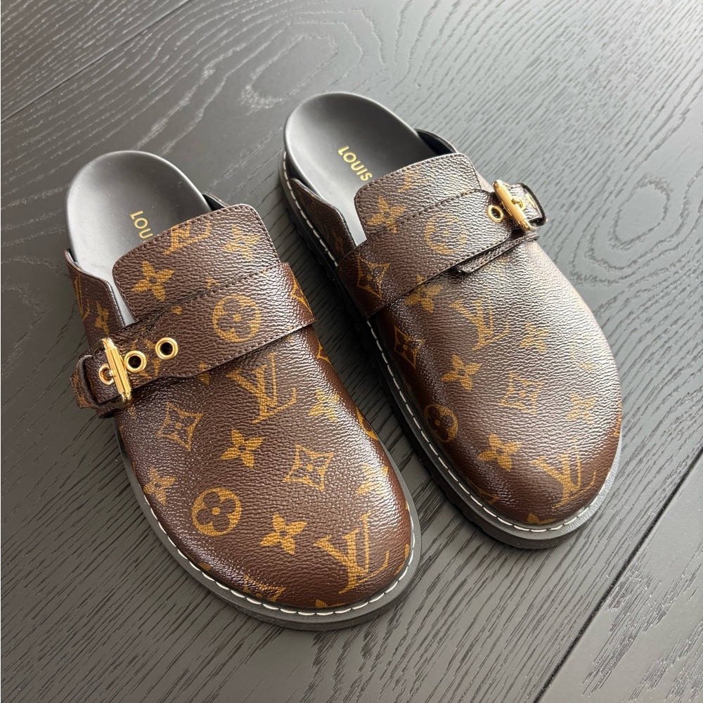 Louis Vuitton Monogram Brown Clogs with Gold Accents